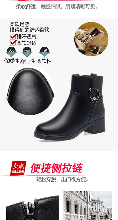 Women's Winter Waterproof Fashion Soft Leather Ankle Boots Mom Thick Plush Warm Cotton Shoes Thick Heel Platform Boots