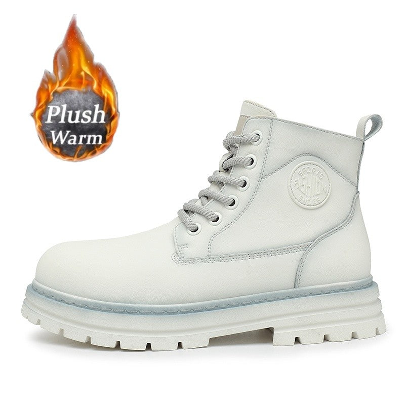 New winter men's shoes rain boots motorcycle leather shoes plush warm outdoor leisure high-top lace-up women's boots