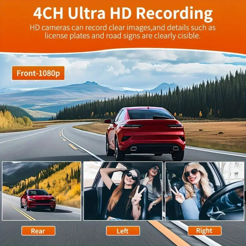 Câmera Veicular 4 Canais 360° Carro DVR Black Box 128G Câmera Frontal Esquerda Direita Traseira Gravador de Vídeo G-Sensor Monitor de Estacionamento 24H