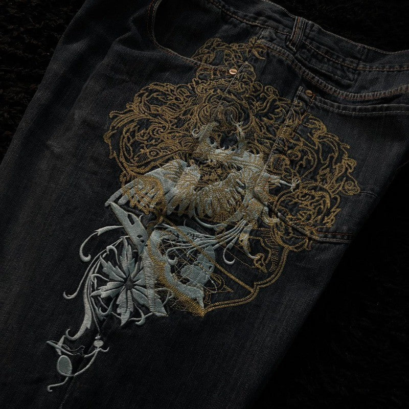 Streetwear Fashion New Pattern Embroidery Black Washed Baggy Jeans Female Y2K Gothic Hiphop Popular Casual Lovers Wide-leg Pants