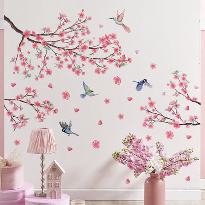 Pink Tree Branches Birds Butterflies Elf Girls Meet Wall Stickers Bedroom Children's Room Home Wall Decoration Self-adhesive
