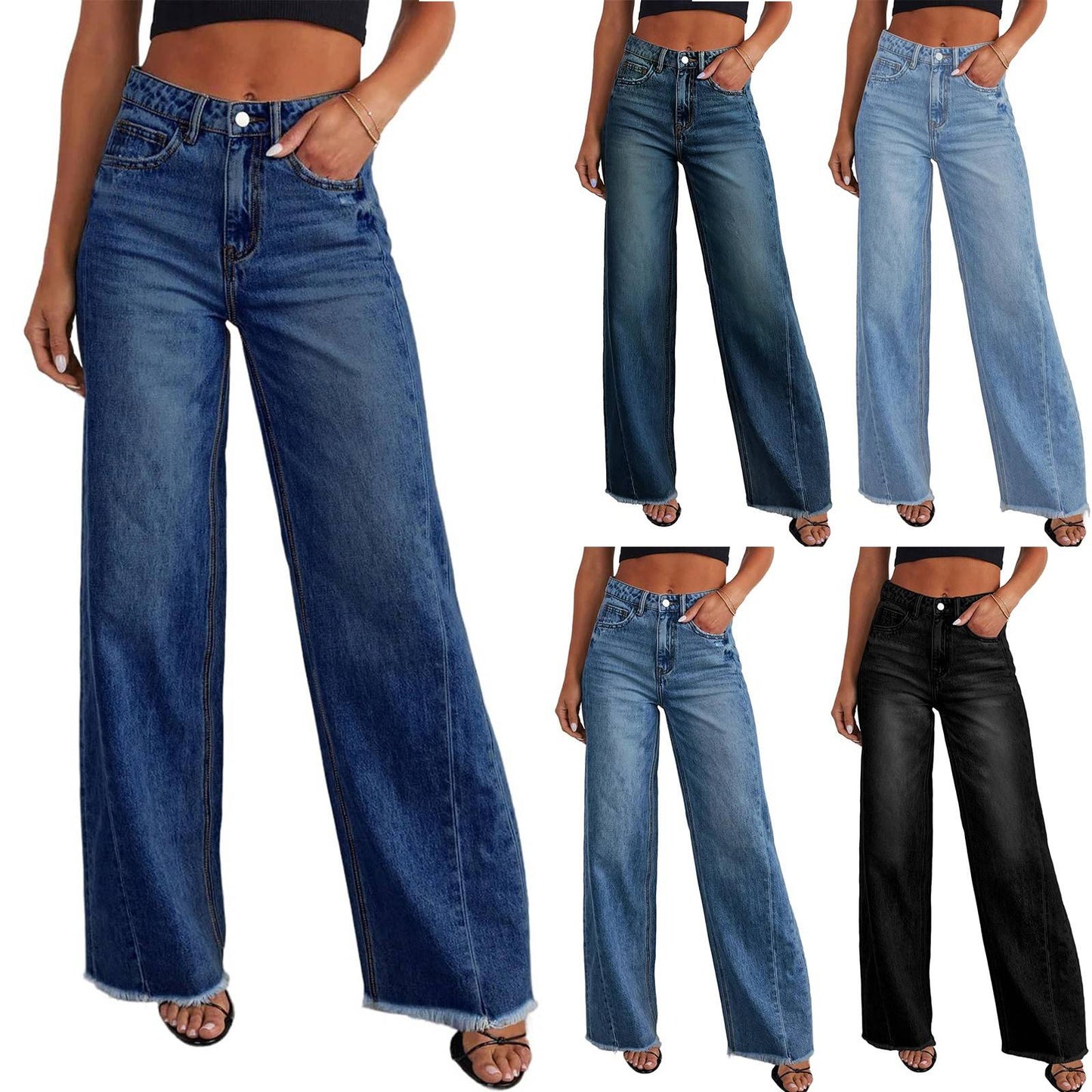 Retro High Waist Straight Leg Jeans Women's Fashion Cross-Border Frayed Hem New Style Side Seam Patchwork Distressed