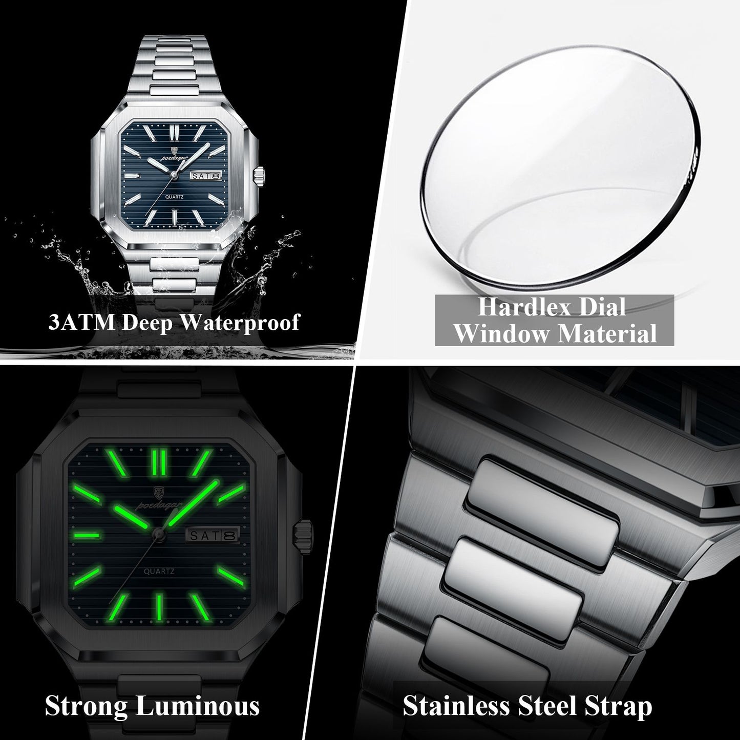 POEDAGAR Square Fashion Man Wristwatch Waterproof Luminous Date Week Quartz Men's Watches Stainless Steel Luxury Men Watch Reloj