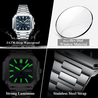 POEDAGAR Square Fashion Man Wristwatch Waterproof Luminous Date Week Quartz Men's Watches Stainless Steel Luxury Men Watch Reloj