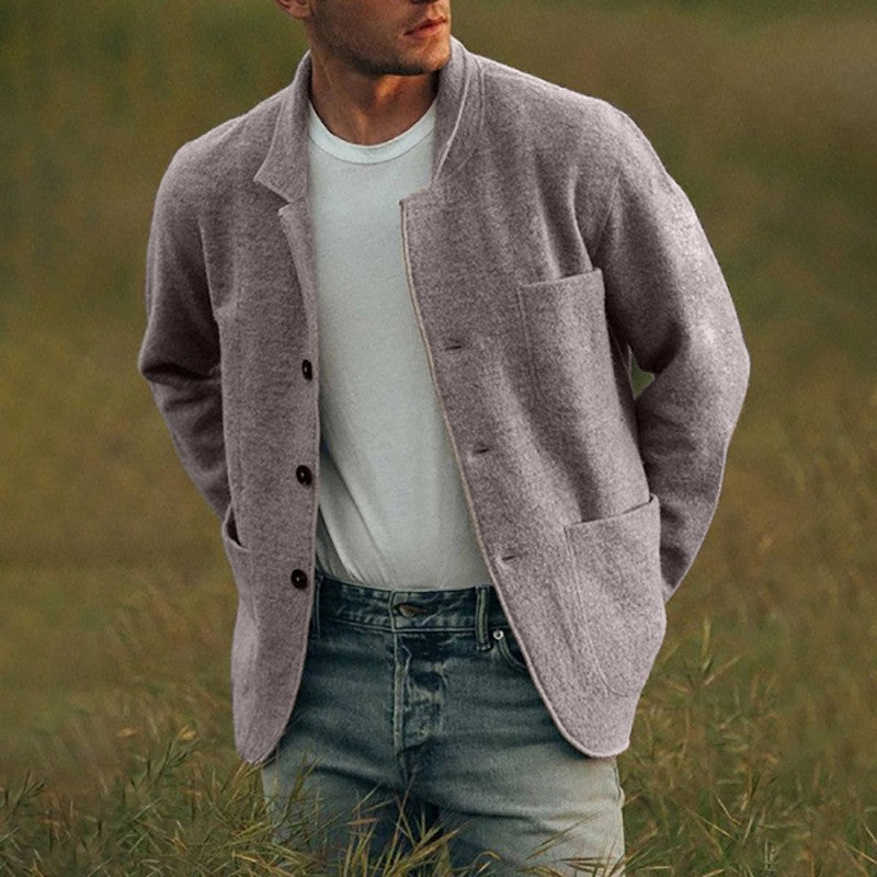 Men Woolen Coat Stand Collar Solid Color Windproof Autumn Winter Thicken Trench Coat Overcoat Business Windbreaker Streetwear