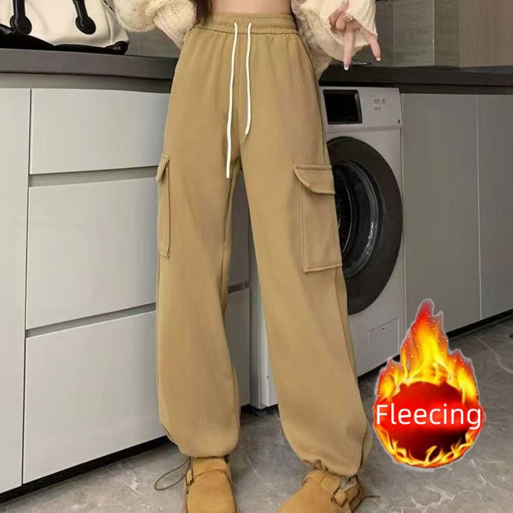 Winter Thick Fleece Women's Pants Casual Matching Cargo Pants Chic Sportswear Drawstring Straight Pants Lady's Trousers Pocket
