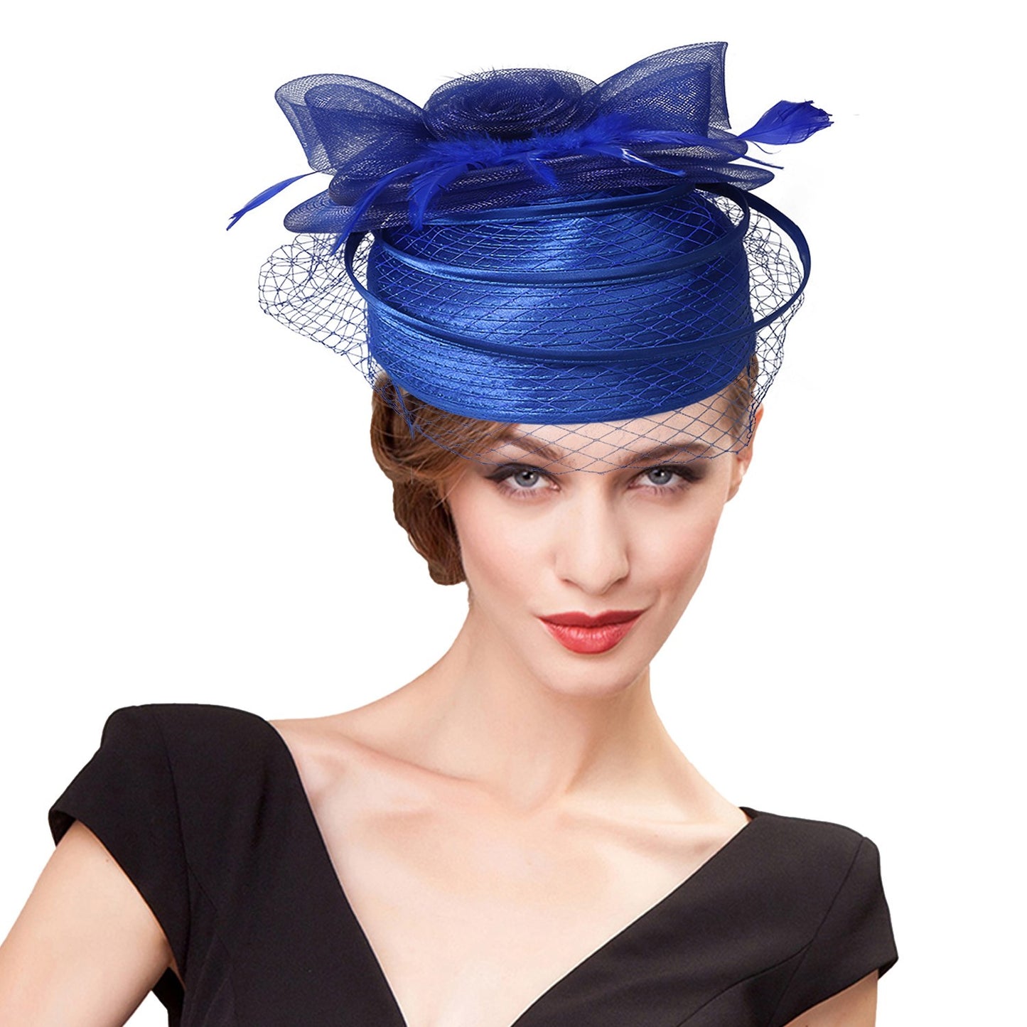 FS Casamento Igreja Chapéus Vermelhos Fascinadores Para Mulheres Com Véu de Pena Festa Coquetel Adorno de Cabeça 2025 Senhora Elegante Chapéu Kentucky Derby