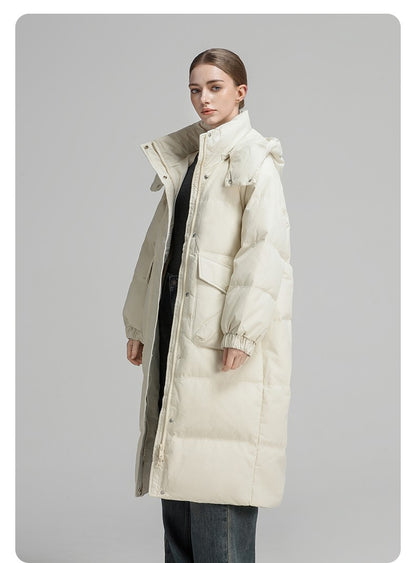 CLARKE QUEEN Long Down Jacket for Women Winter Duck Down Coat Hooded Over-the-Knee Casual Thickened Fitted Padded Puffer Coat