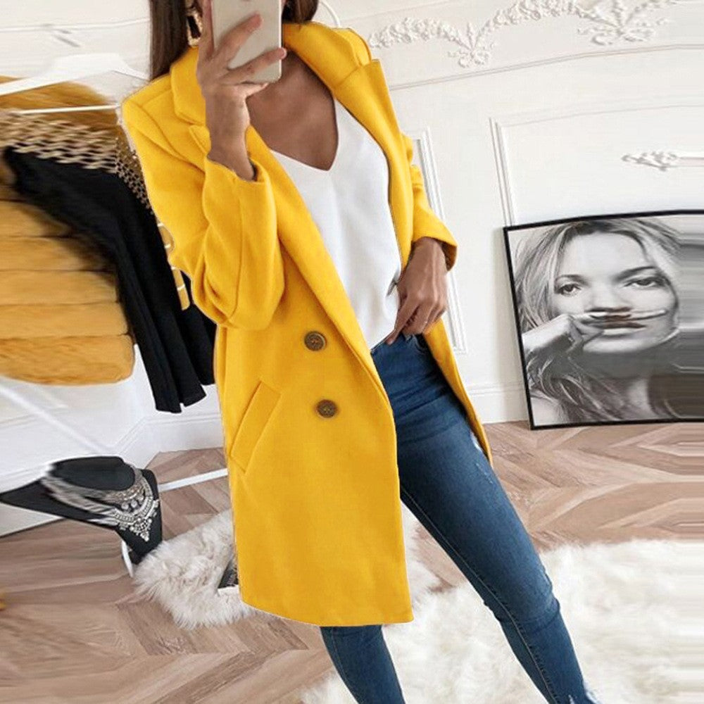 2024 European and American New Solid Color Lapel Mid length Button Woolen Coat for Women