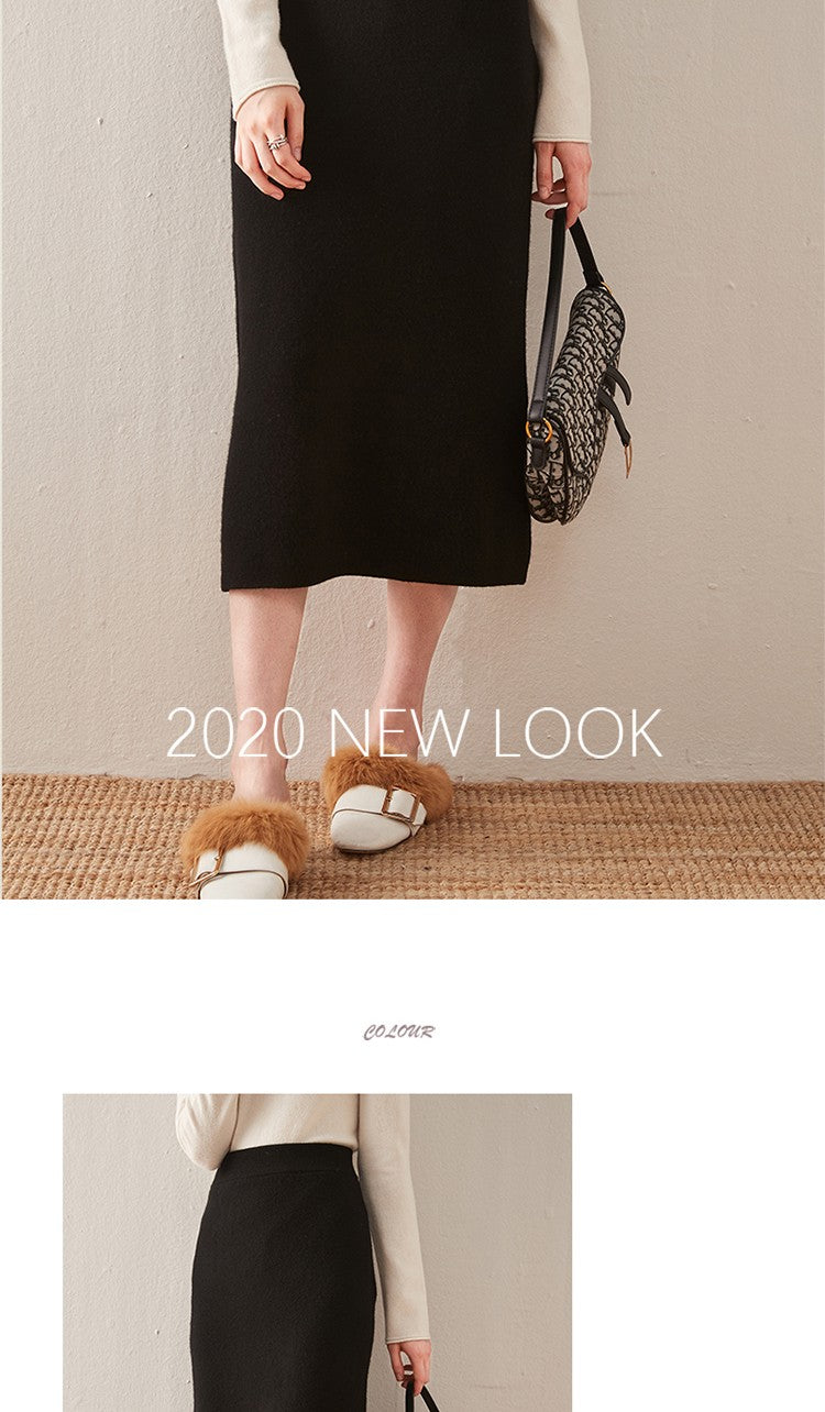 100% pure wool skirt new women's autumn and winter mid-length high-waisted thin cashmere skirt knitted all-match hip skirt