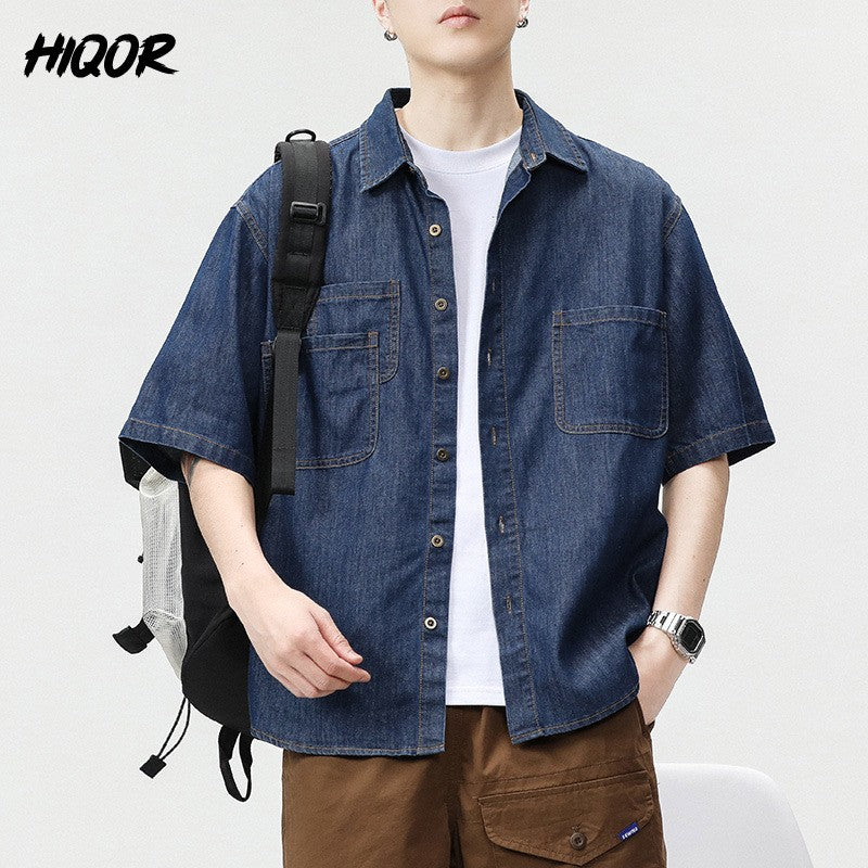 2025 Summer New Men's Casual Loose Shirt Polo Neck Short Sleeve Single Breasted Shirts Men's Vintage Solid Cargo Jeans  Tops