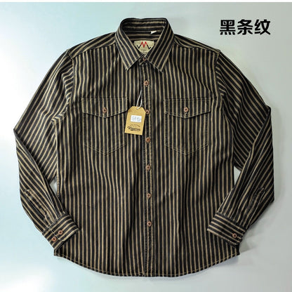 2025 Spring and Autumn New American Retro Woven Striped Cargo Shirt Men's Simple 100% Cotton Washed Double Pockets Thin Jacket