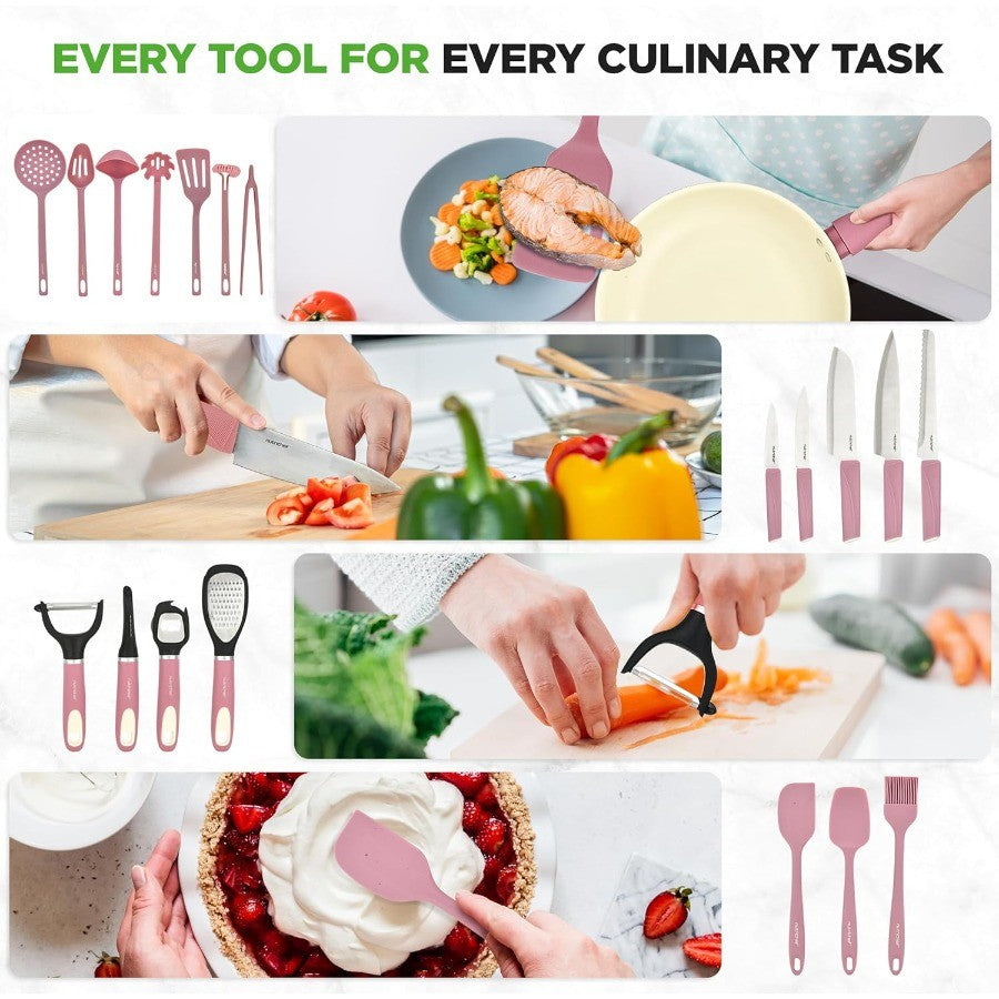Conjunto de Panelas e Utensílios de Cozinha 54 Peças Completo Antiaderente Cerâmico com Utensílios, Assadeiras e Conjunto de Facas - Gás, Elétrico e Indução