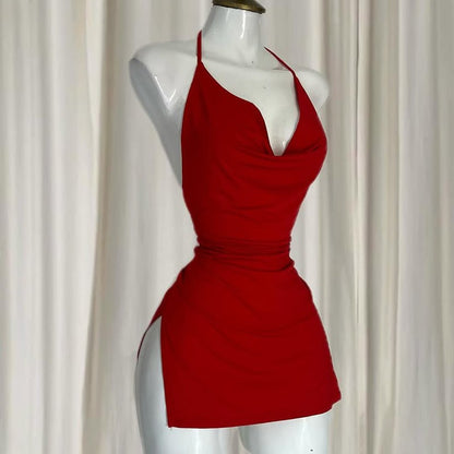 Women's Sexy Home Halter Camisole Dress Summer Spice Girl Dress Y2K Sexy Sleeveless Backless Red Mini Dresses Bodycon Lady Skirt