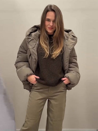 Women's Hooded Cotton Jacket Casual Winter Coat Comfortable Pocket Zipper Button Warm Lady Coats Daily Street Outerwear 2025