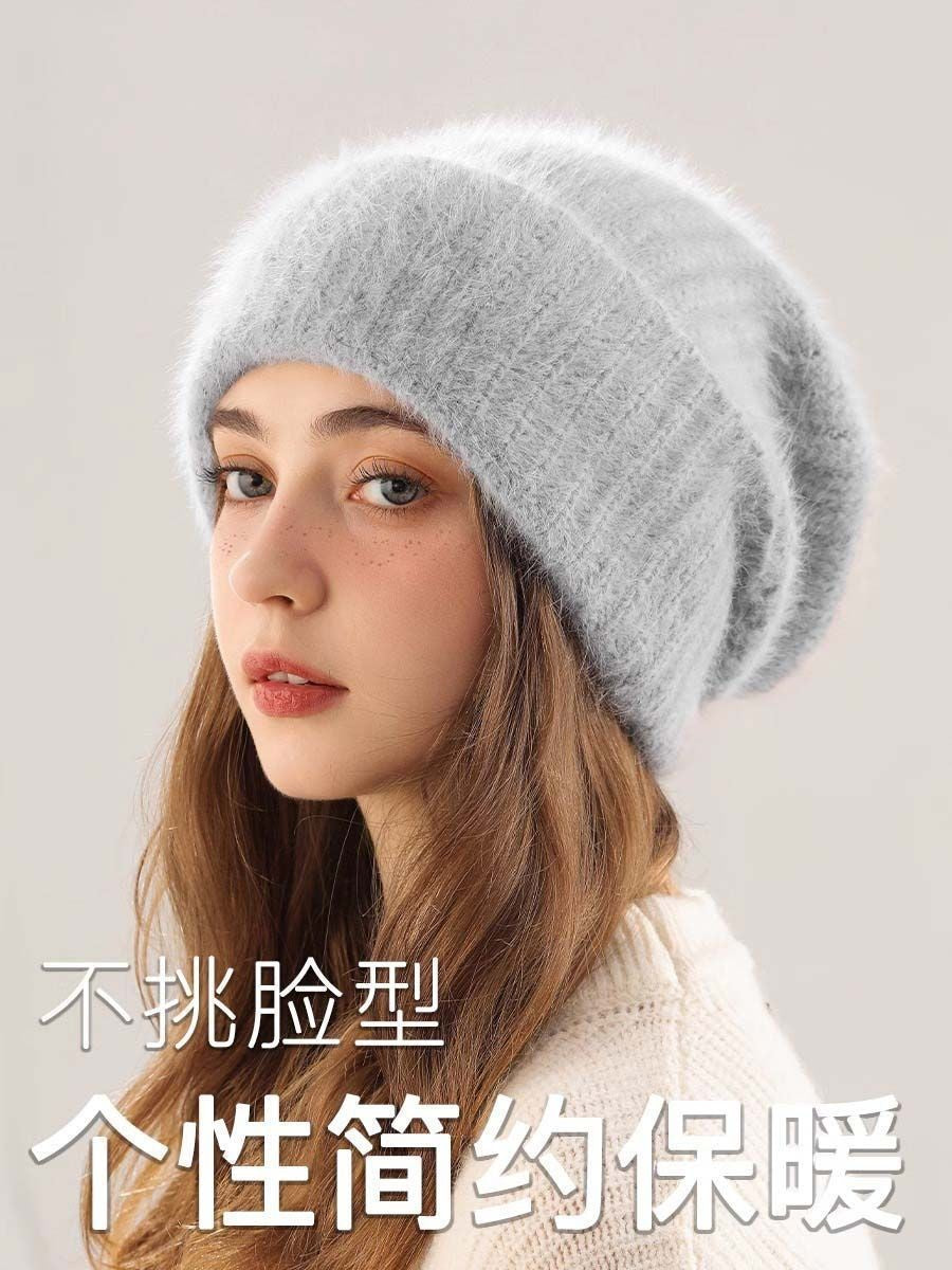 Angora Rabbit Fur Beanies Women's Warm Fluffy Knitted Slouchy Beanie Hat Female Soft Oversize Thermal Hats Autumn Winter