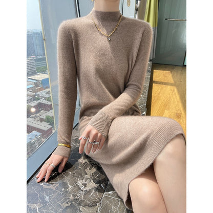 Autumn And Winter 100% Pure Wool Ladies Long Sweater Skirt Semi-High Collar Cashmere Dress Large Knit Bottoming Skirt