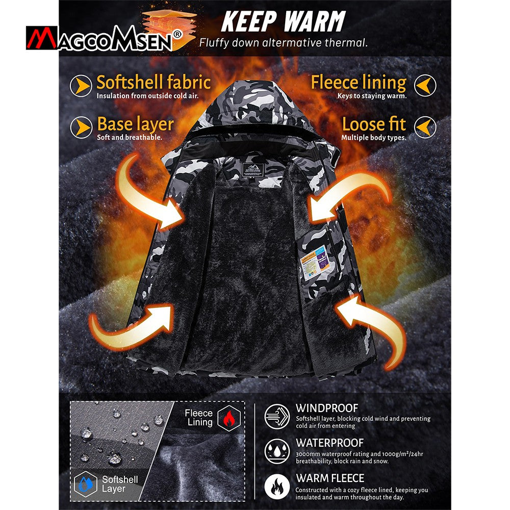 MAGCOMSEN Fleece Ski Jacket Men's Hooded Waterproof Thermal Thick Warm Camo Parka Removable Hooded Coats Winter Snowboard Anorak