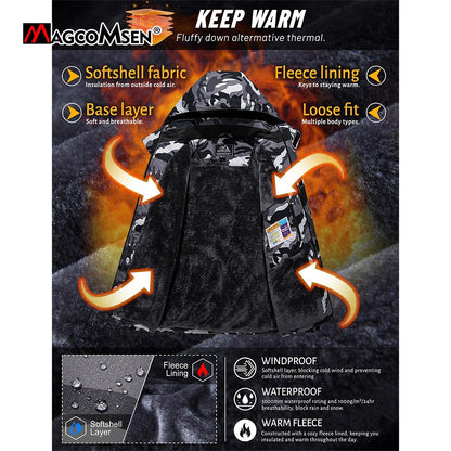 MAGCOMSEN Fleece Ski Jacket Men's Hooded Waterproof Thermal Thick Warm Camo Parka Removable Hooded Coats Winter Snowboard Anorak