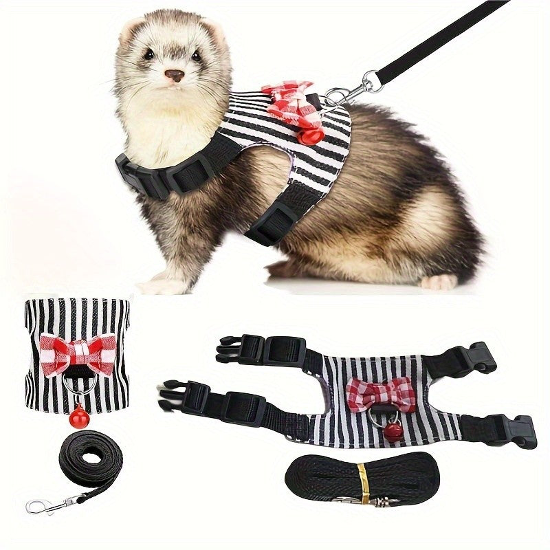 2 pçs/conjunto Arnês e Coleira para Hamster, Conjunto de Caminhada, Roupa para Pequenos Pets com Laço e Sinos, Colete Acolchoado Seguro e Confortável, Roupa para Hamster