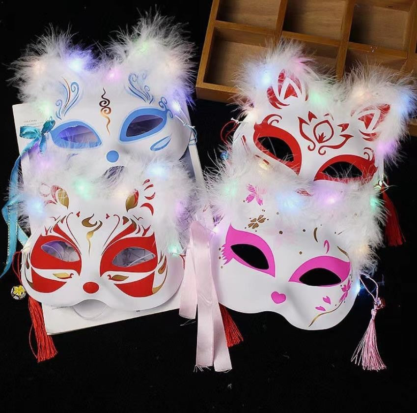 6pcs Led Cat Masks Halloween Decorations Glowing Furry Fox Masquerade Masks Diy Painted Light Up Performance Party Cosplay Masks