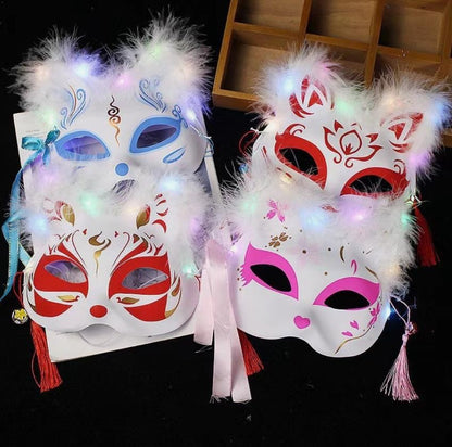 6pcs Led Cat Masks Halloween Decorations Glowing Furry Fox Masquerade Masks Diy Painted Light Up Performance Party Cosplay Masks