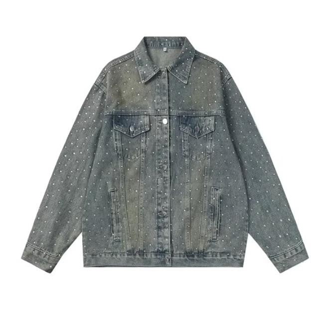 American Trendy Denim Jacket Mens Make Old Flash Diamond Fashion Outwear Spring Single-breasted Street Couple Cowboy Coats