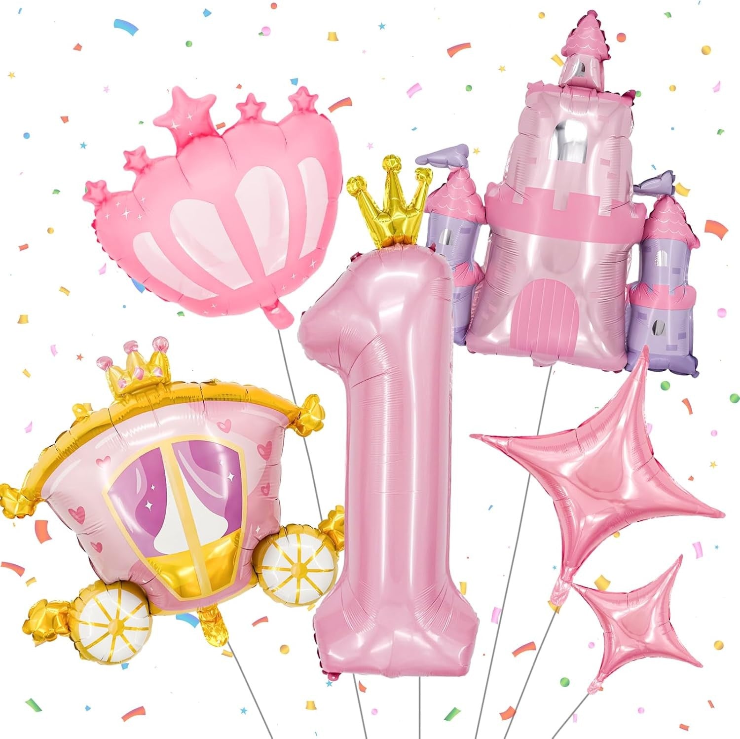 6-Piece Princess Theme Party Decoration Set: Princess Carriage + Pink Castle + 40-inch Numbers + Crown Heart + Star Foil Balloon