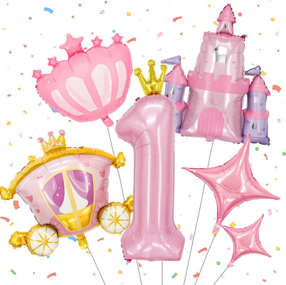 6-Piece Princess Theme Party Decoration Set: Princess Carriage + Pink Castle + 40-inch Numbers + Crown Heart + Star Foil Balloon