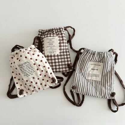 Mochila de cordão estilo coreano para bebês, inverno, bolinhas, listras, xadrez, leve, bolsa de ombro para crianças