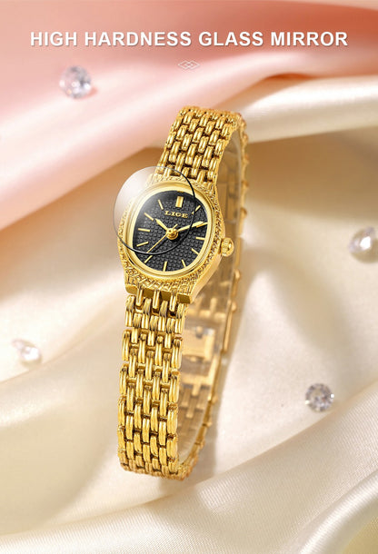 LIGE Golden Women Wristwatch Small Dial Ladies Gold Watch Bracelet Jewelry Quartz Lady Watch Compact Stylish Luxury Women Watch