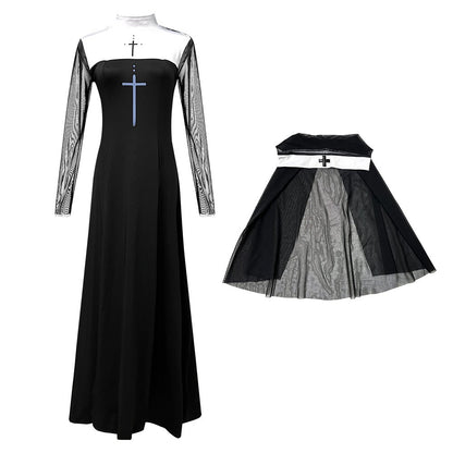 Sexy Nun Cosplay Costume Gothic Black Split Long Dress with Head Veil Halloween Carnival Party Fancy Dress for Women Nun