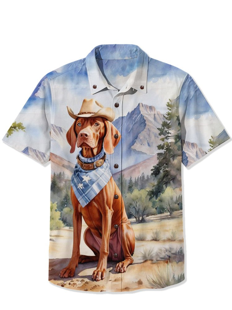 Men's Shirt Summer Casual Fashion Short Sleeve 3D Printed Denim Red Kitten Print Men's Hawaiian Lapel Single Breasted Shirt