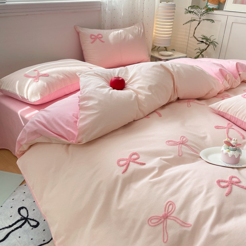 3 Piece Sheet Set  pink bowknot embroidery Quilt Set ? comfortable embroidery  Bedding Set Bedspread for All Season
