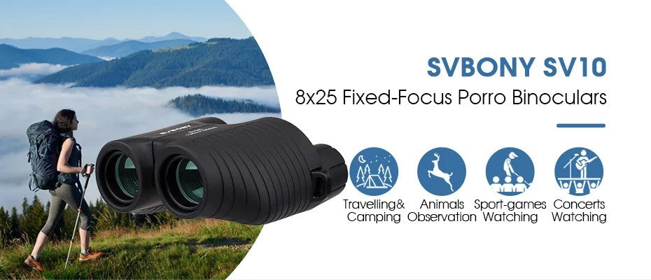 Svbony F9323A 8x25 Binóculos Porro Foco Fixo Preto Telescópio Caminhada Acampamento Observação de Pássaros