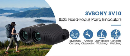 Svbony F9323A 8x25 Binóculos Porro Foco Fixo Preto Telescópio Caminhada Acampamento Observação de Pássaros