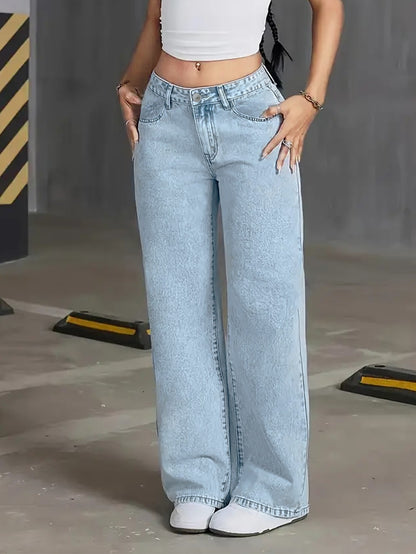 Autumn Y2K style women's washed blue jeans high waist straight loose jeans suitable for casual outings and dates.