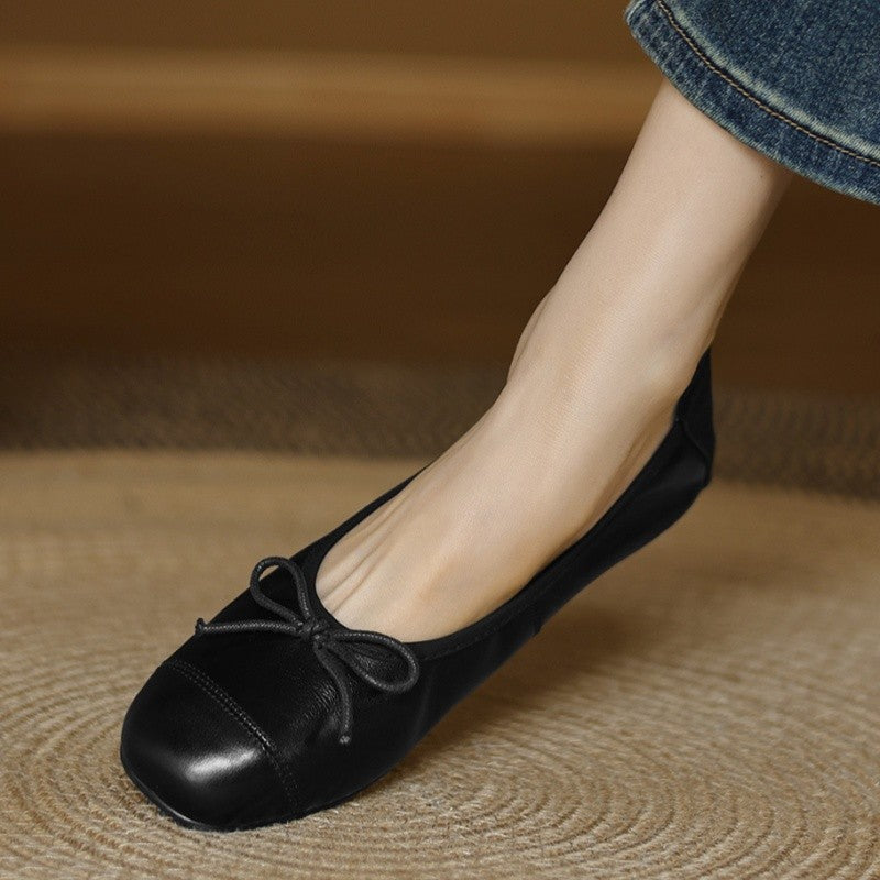 Mary Jane Women Loafers Hand Stitch Casual Streetwear Ballet Flats Soft Sole Solid Color Women Shoes Comfy Round Head Bow Shoes
