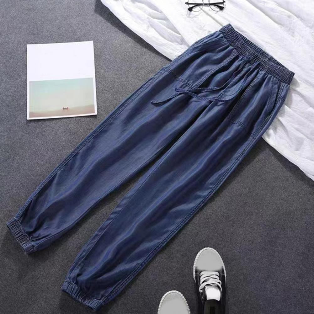 Summer Thin Ice Silk Jeans Women Elastic High Waist Drawstring Harem Pants Loose All-matched Beam Leg Nine Points Denim Pants