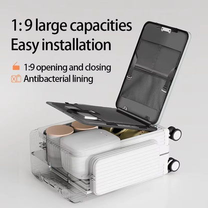 Tri-Zone Access Opening Suitcase Aluminum Frame PC Material Travel Case with Spinner Wheels Cup Holder TSA Lock Rolling Luggage