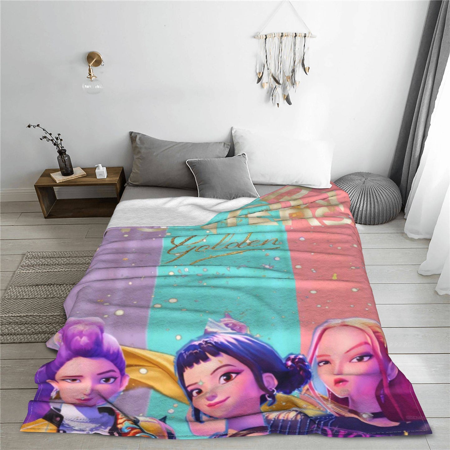 kpop Demon Hunters Huntrix Golden Blanket  Warm Graphic Plush Throw Blanket For Girls Boys Living Room Flannel Bedspread Cover