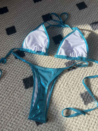 Shiny Pink Micro Bikini 2025 Mujer Women Sexy PU Pearls Push Up Thong Swimsuit Summer Bathing Suit Bandage Holiday Swimwear