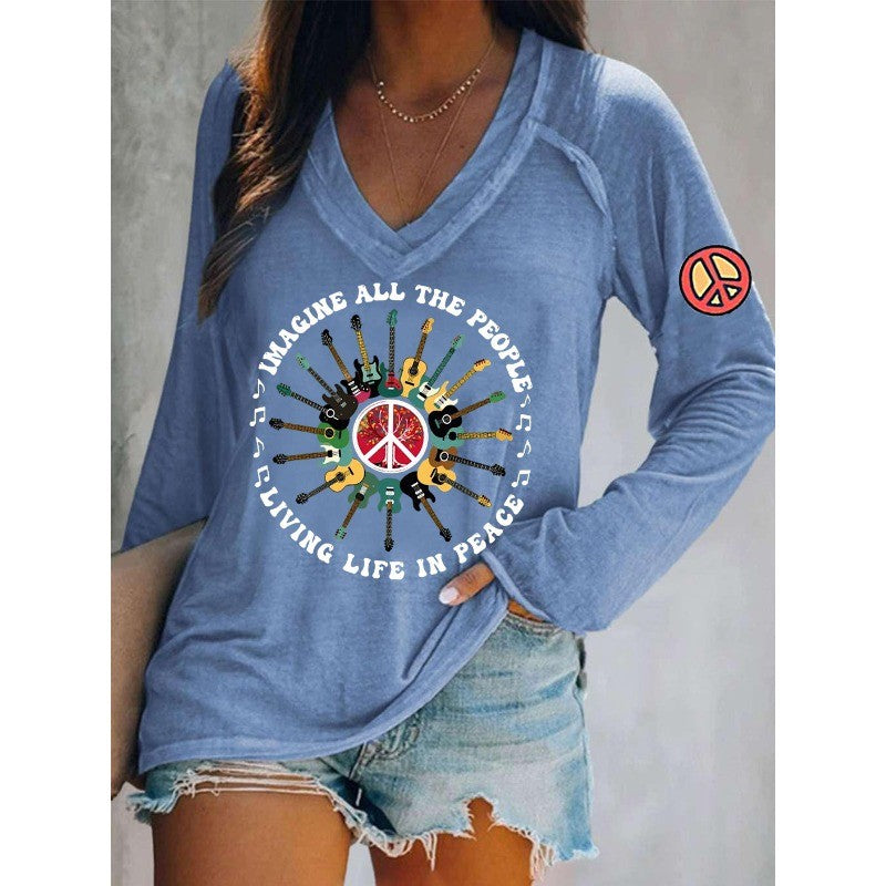 Ilstile Women's Hippie Style Print T-Shirts Spring Summer Long Sleeve V Neck Tops Casual Loose Tees New Arrival