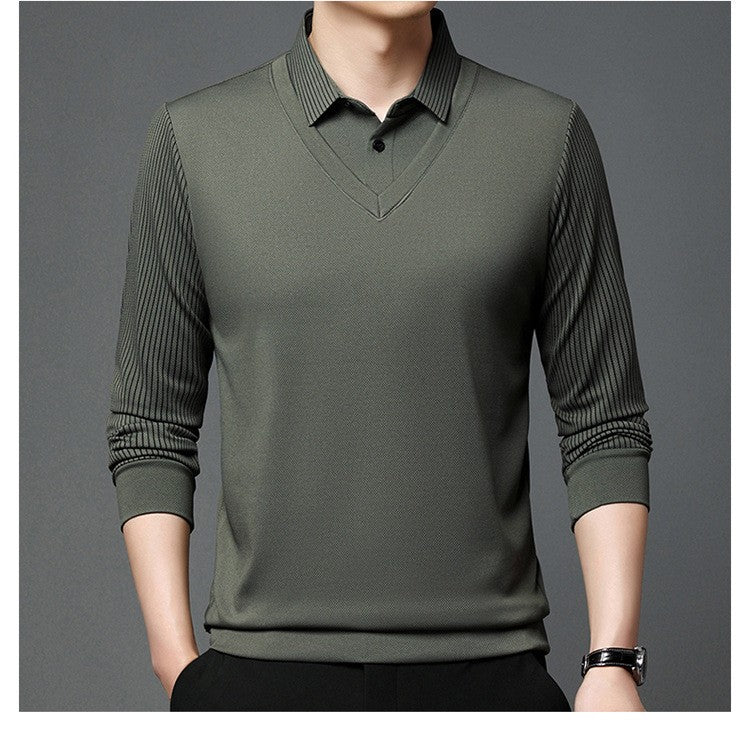 Fashion Fake Two-piece Men Long Sleeve Shirt Stripe Splice Lapel Loose Casual Pullover Tops 2025 Male Formal Business Polo Shirt