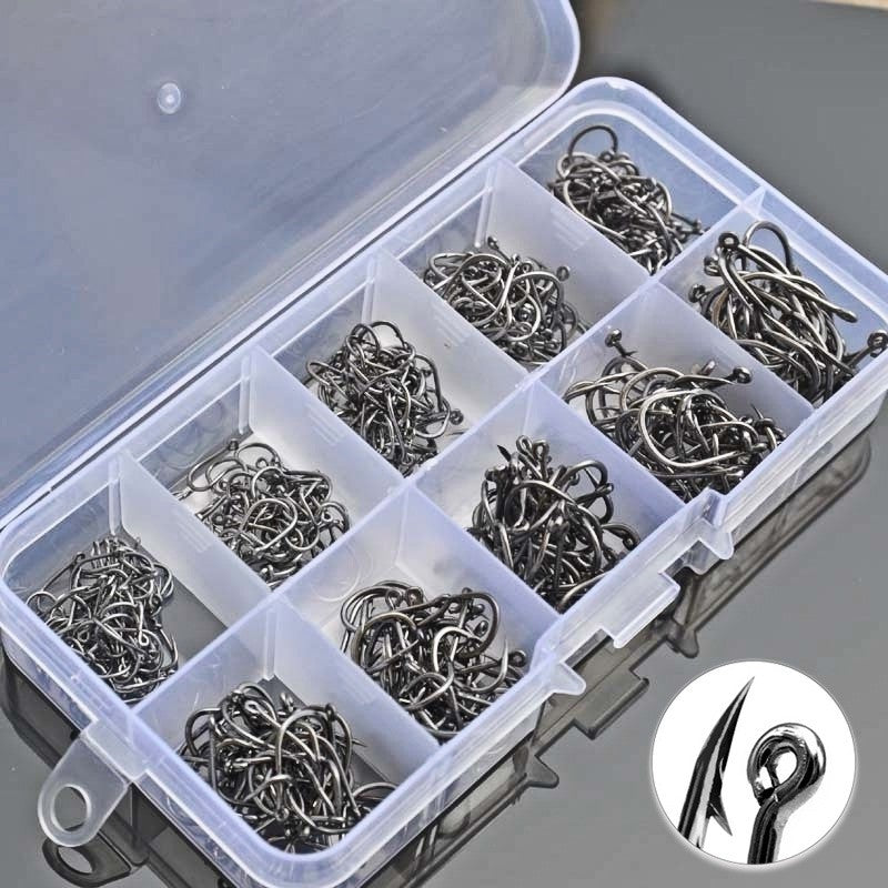 600/100Pcs Fishing Hooks Set Mixed Size High Carbon Steel Carp Rope Carp Fishhook Fishing Accessories Offset Circle Hook