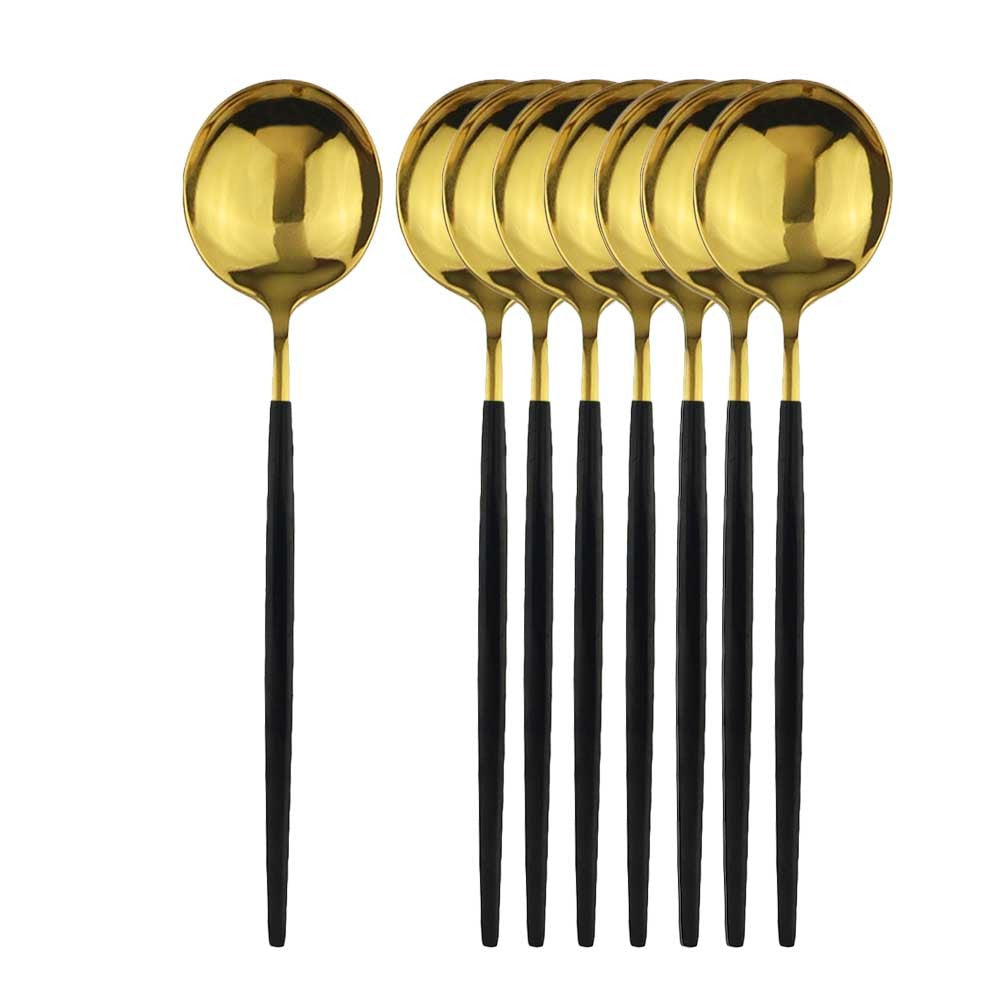 8 colheres de mesa de jantar, talheres de aço inoxidável, prateado, talheres dourados, utensílios de cozinha, talheres pretos.