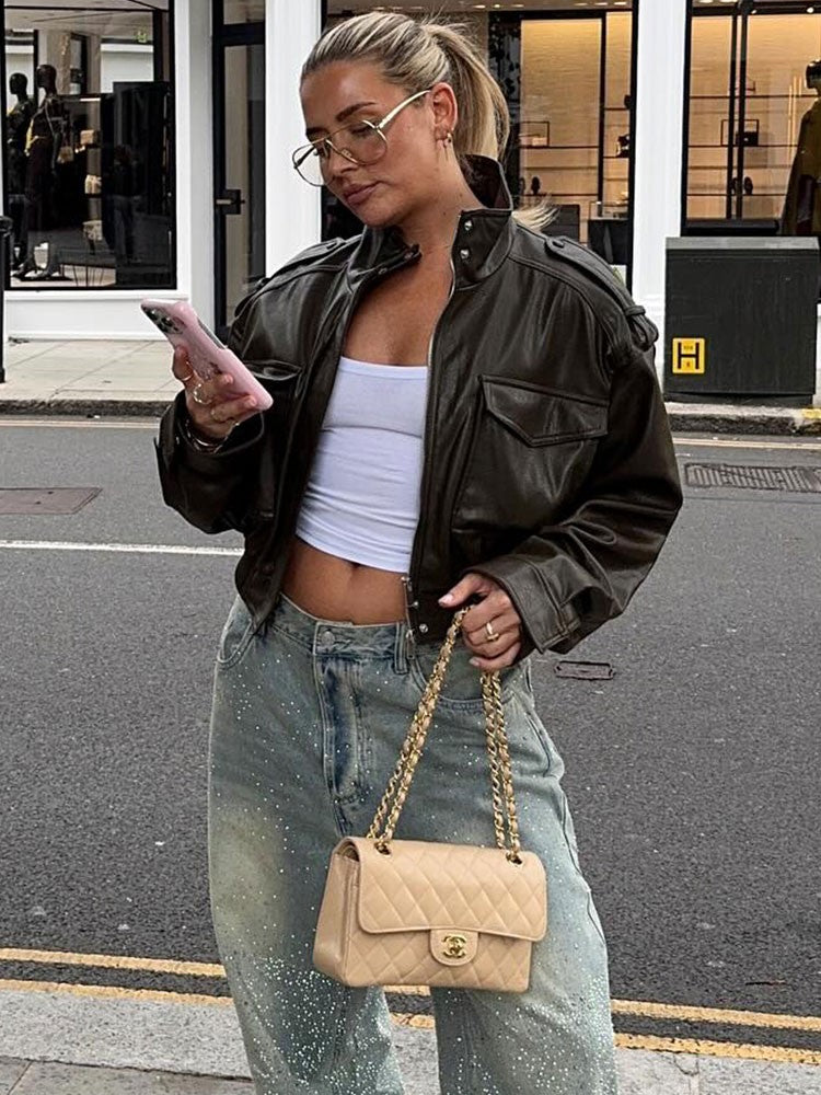 HH Women Large Front Pocket Jacket Vintage Solid Turtleneck Long Sleeve Zipper Faux Leather Jacket Fashion High Street Lady Coat