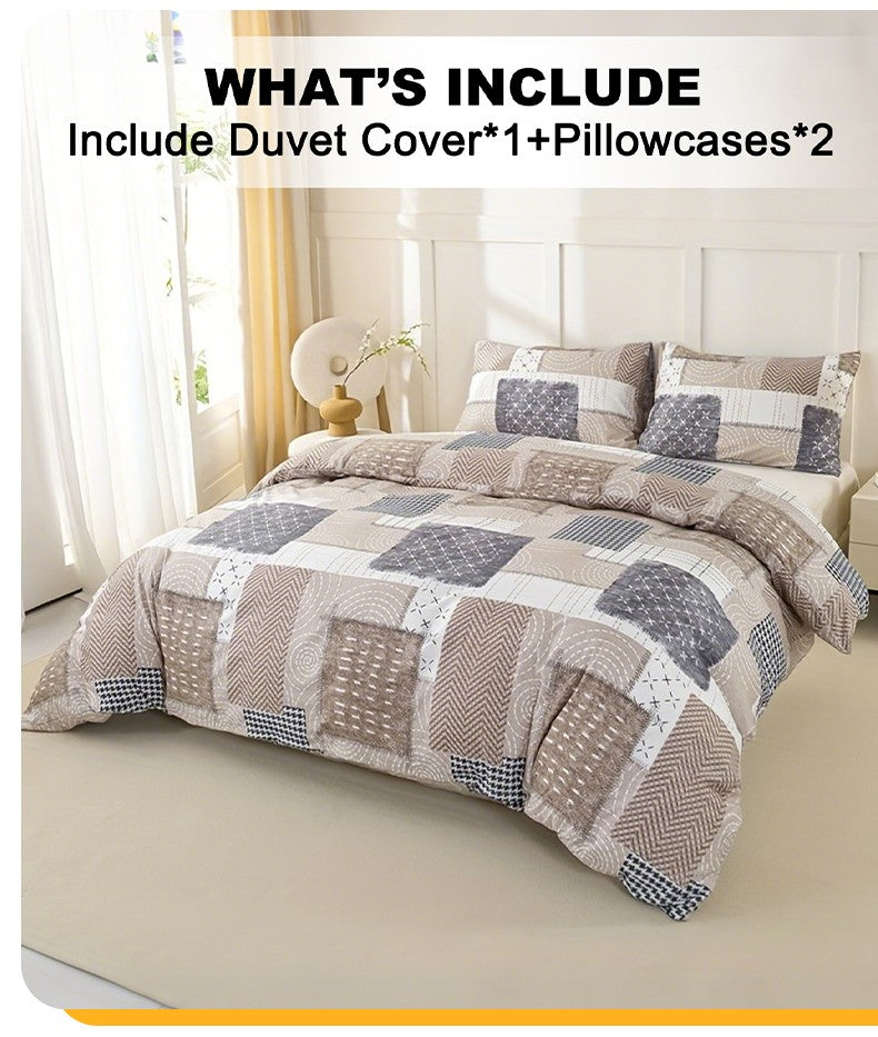 Conjunto de capa de edredom com estampa de retalhos chique de 3 peças, conjunto de cama macio e delicado para a pele inclui 1 capa de edredom e 2 fronhas