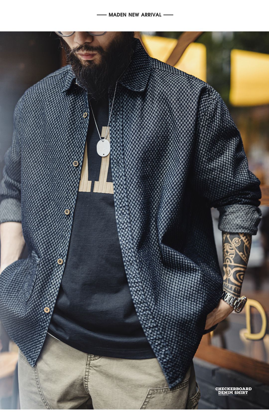Maden Retro Checkered Long-sleeved Denim Shirt Loose Lapel Single-breasted Jacket for Men Spring and Fall Versatile Outerwear