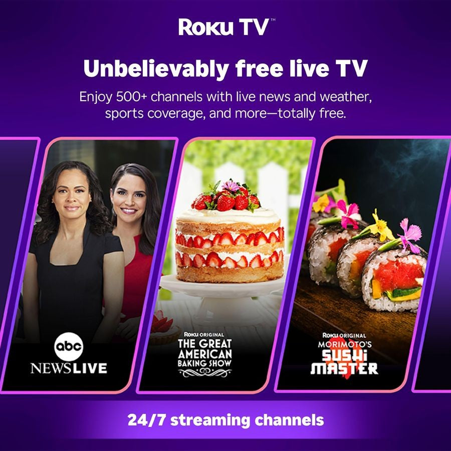 Projetor Smart Roku TV com Wi-Fi e Bluetooth, experiência de streaming Roku integrada, Full HD 1080P, áudio Dolby, foco automático e correcção keystone.